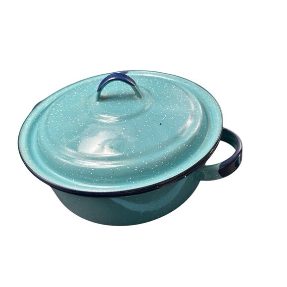 Round Shallow Saute Pot & Lid 10" Teal Cobalt Graniteware Enamelware Splatter - Picture 10 of 11